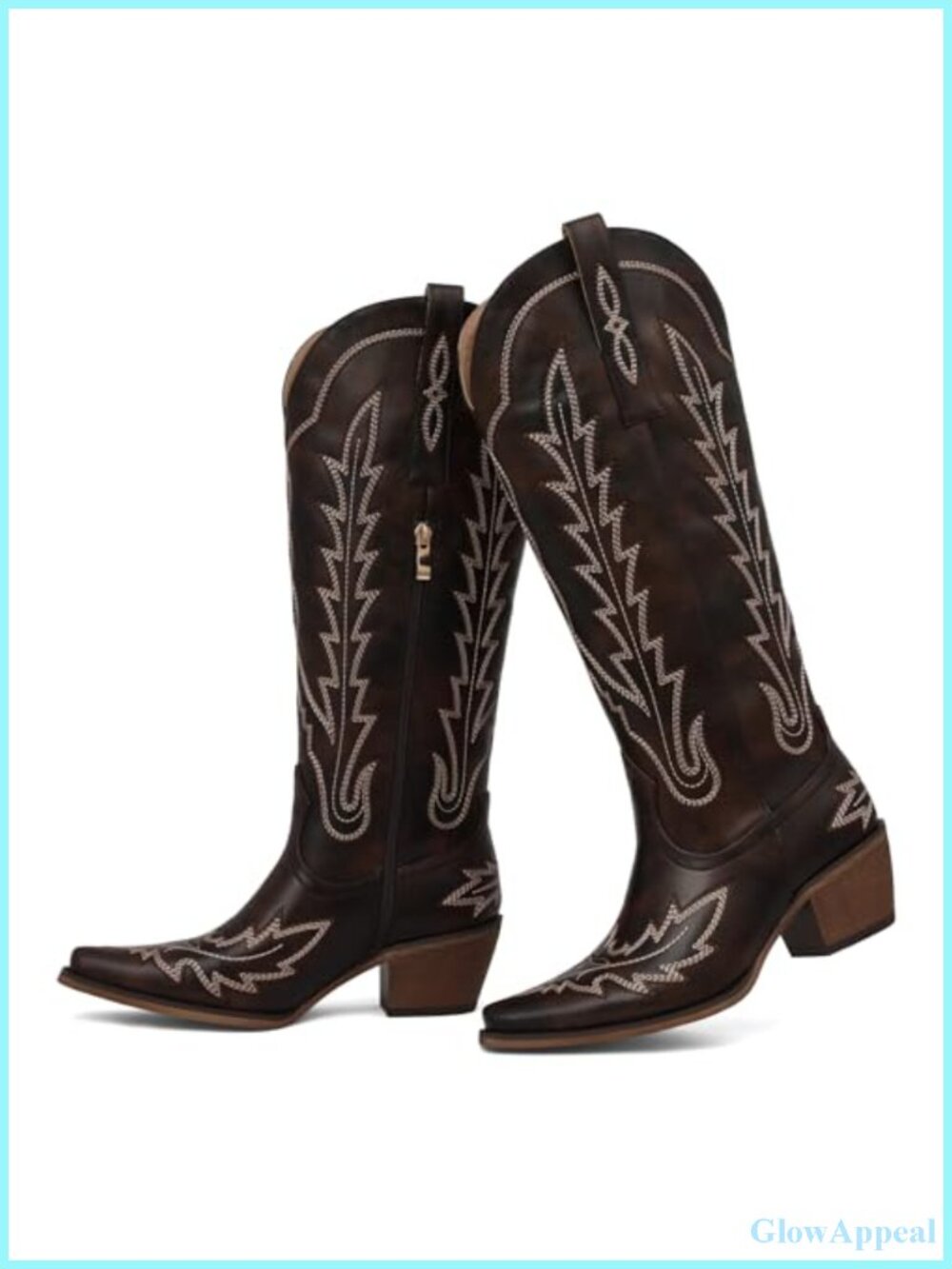 Western Cowboy Boots Knee High Pointed Toe Chunky Heel Faux Leather